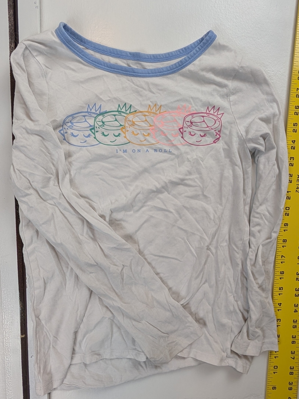 Justice White Long-Sleeve Tee with Pastel Rainbow Sushi Graphic